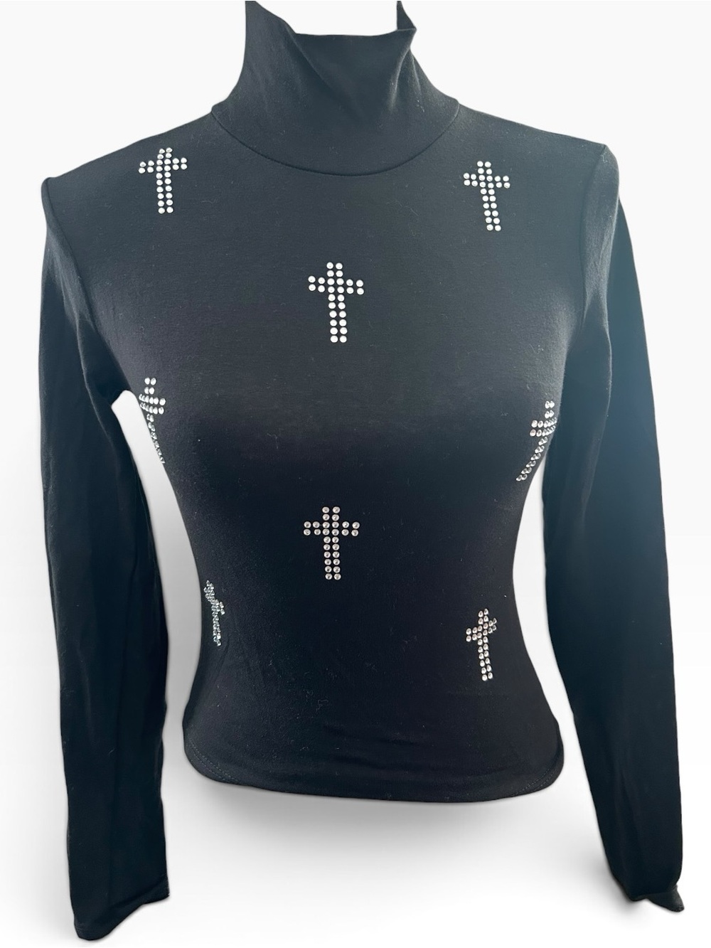 Rue21 Black Long Sleeve Turtleneck with Silver Rhinestone Crosses